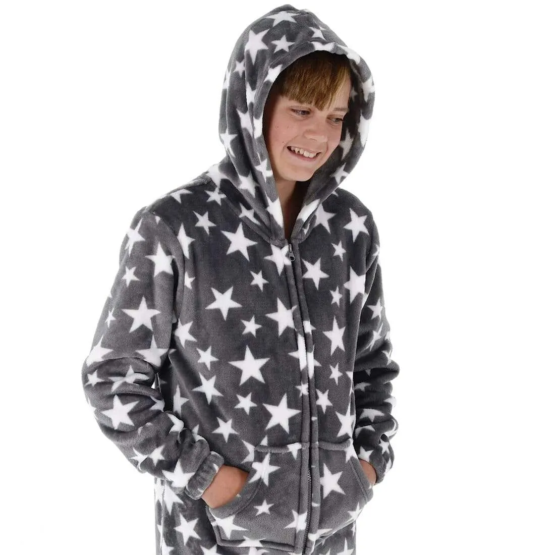 Kids All in One Pyjamas White Stars Fleece Hooded Sleep Suit