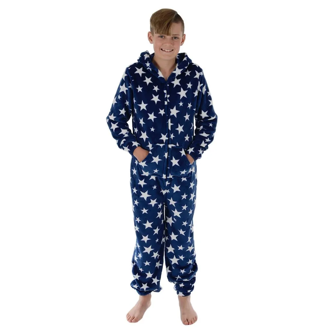 Kids All in One Pyjamas White Stars Fleece Hooded Sleep Suit