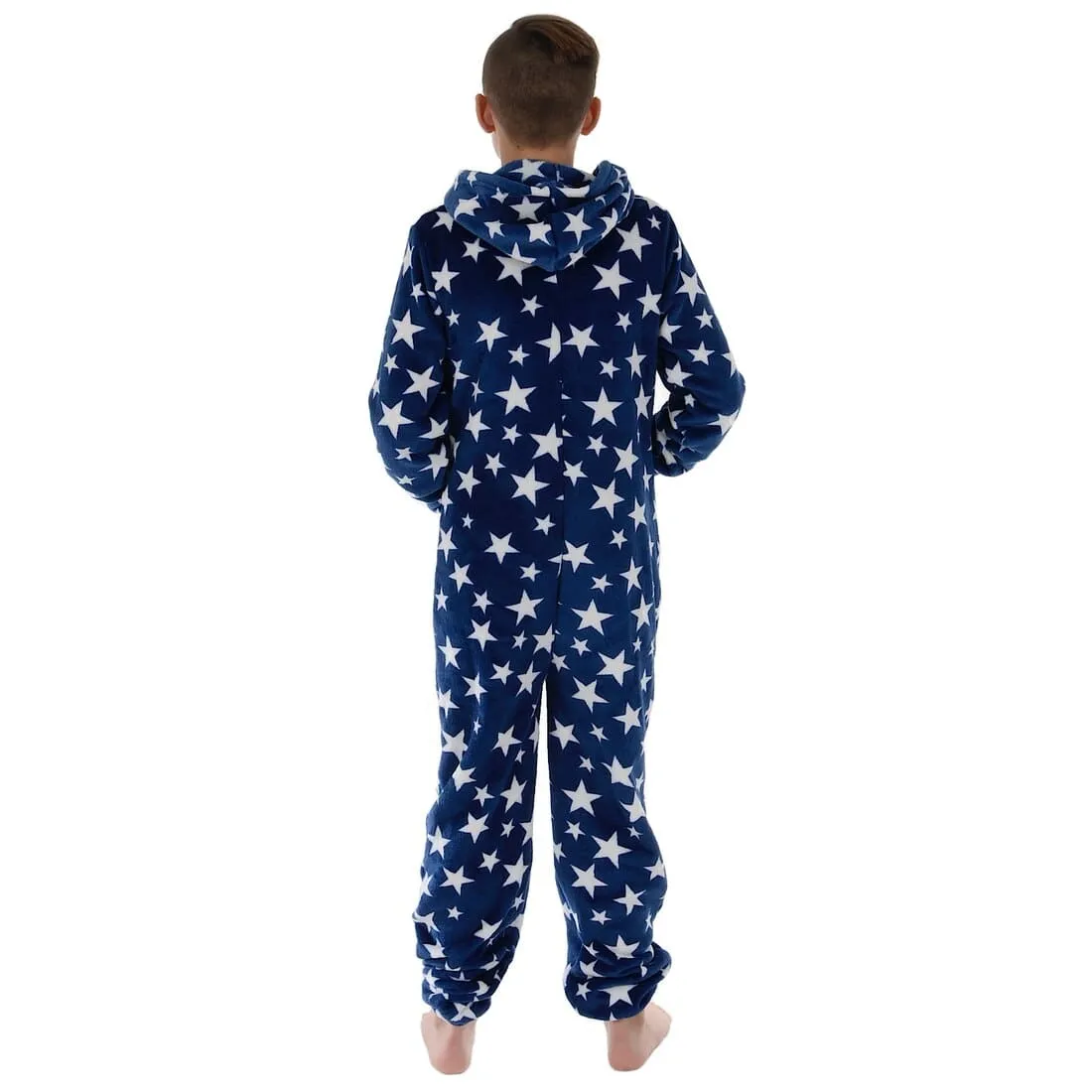 Kids All in One Pyjamas White Stars Fleece Hooded Sleep Suit