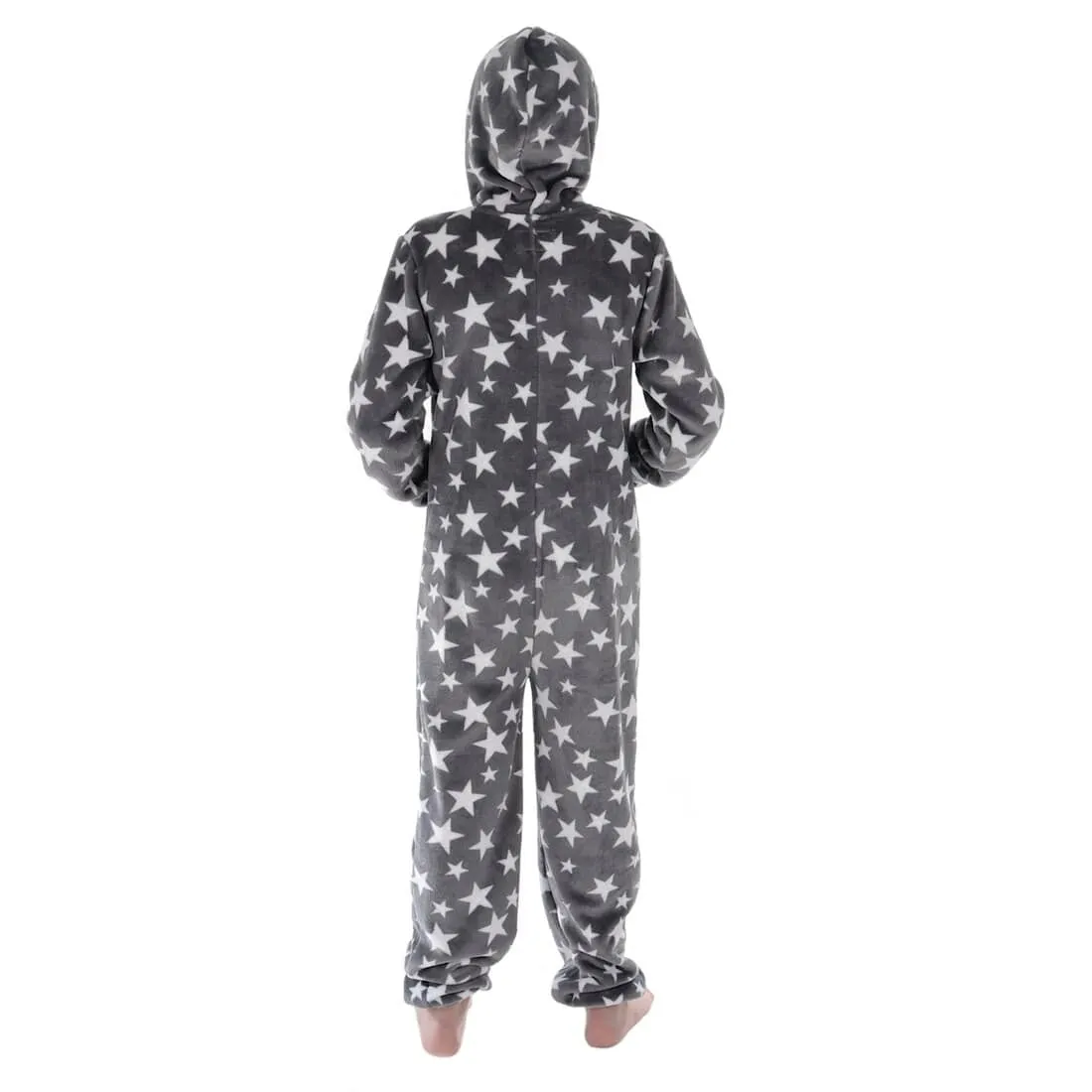 Kids All in One Pyjamas White Stars Fleece Hooded Sleep Suit