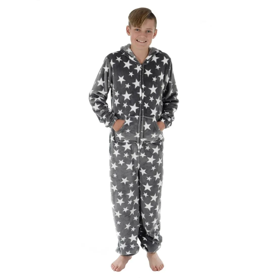 Kids All in One Pyjamas White Stars Fleece Hooded Sleep Suit