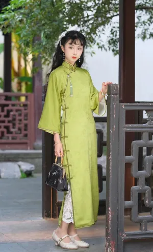 Liu Huang 柳黄 1930s Double Lined Satin Bell Sleeve Qipao