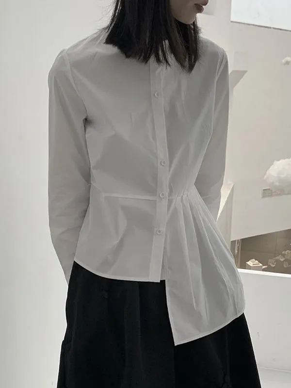 Long Sleeves Asymmetric Buttoned Pleated Solid Color Round-Neck Blouses&Shirts Tops