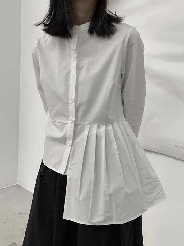 Long Sleeves Asymmetric Buttoned Pleated Solid Color Round-Neck Blouses&Shirts Tops