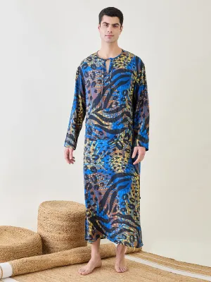 Mens Animal Printed Blue Kaftan Robe