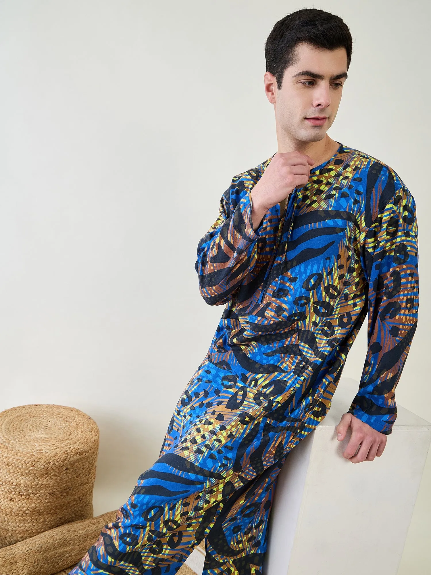 Mens Animal Printed Blue Kaftan Robe