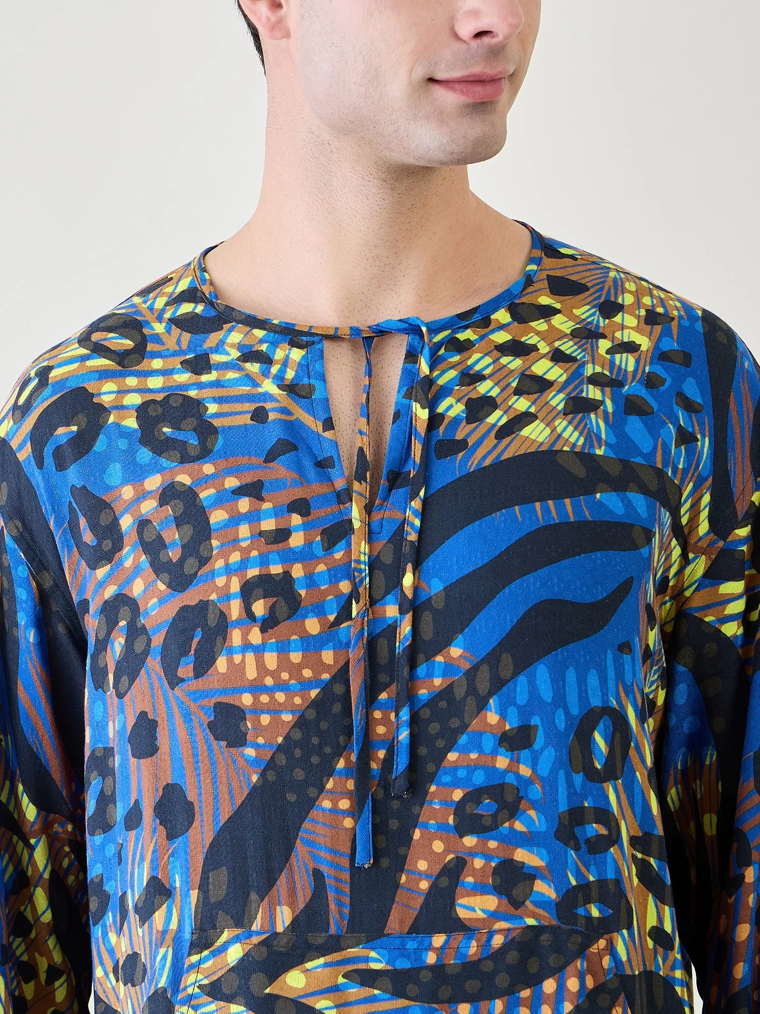 Mens Animal Printed Blue Kaftan Robe