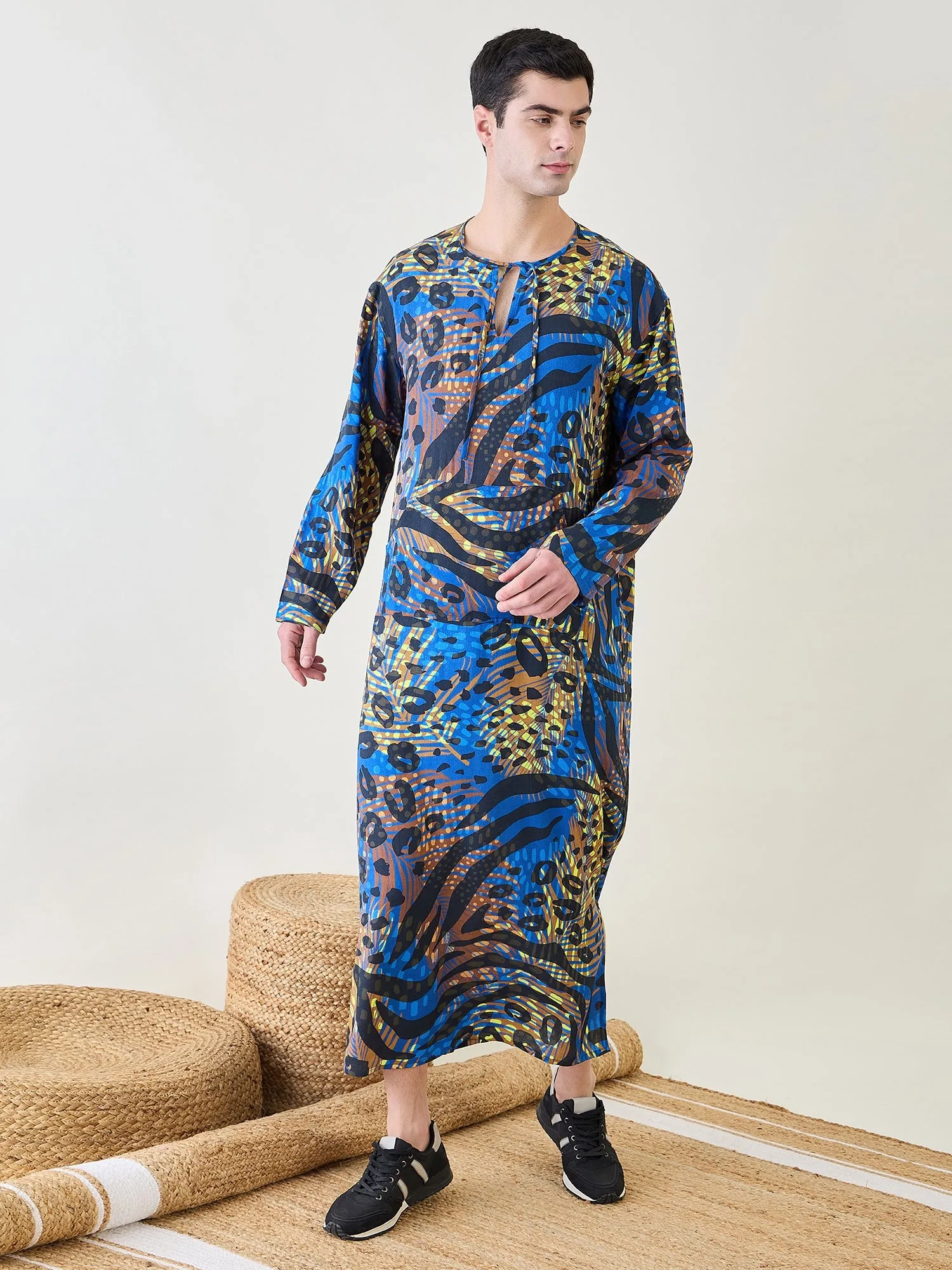 Mens Animal Printed Blue Kaftan Robe