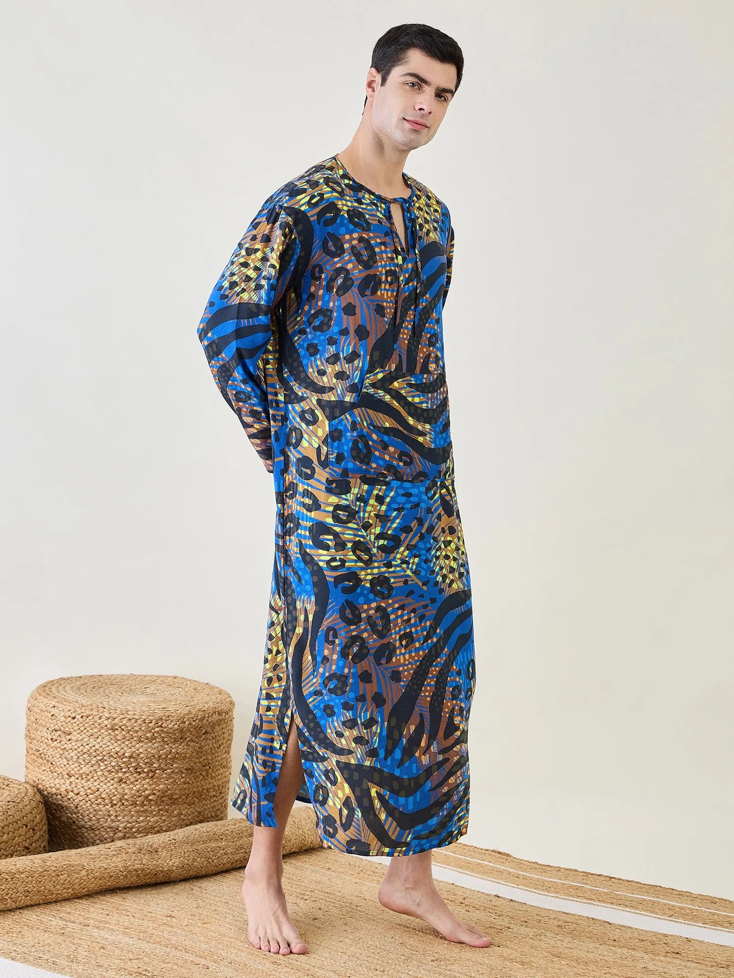 Mens Animal Printed Blue Kaftan Robe