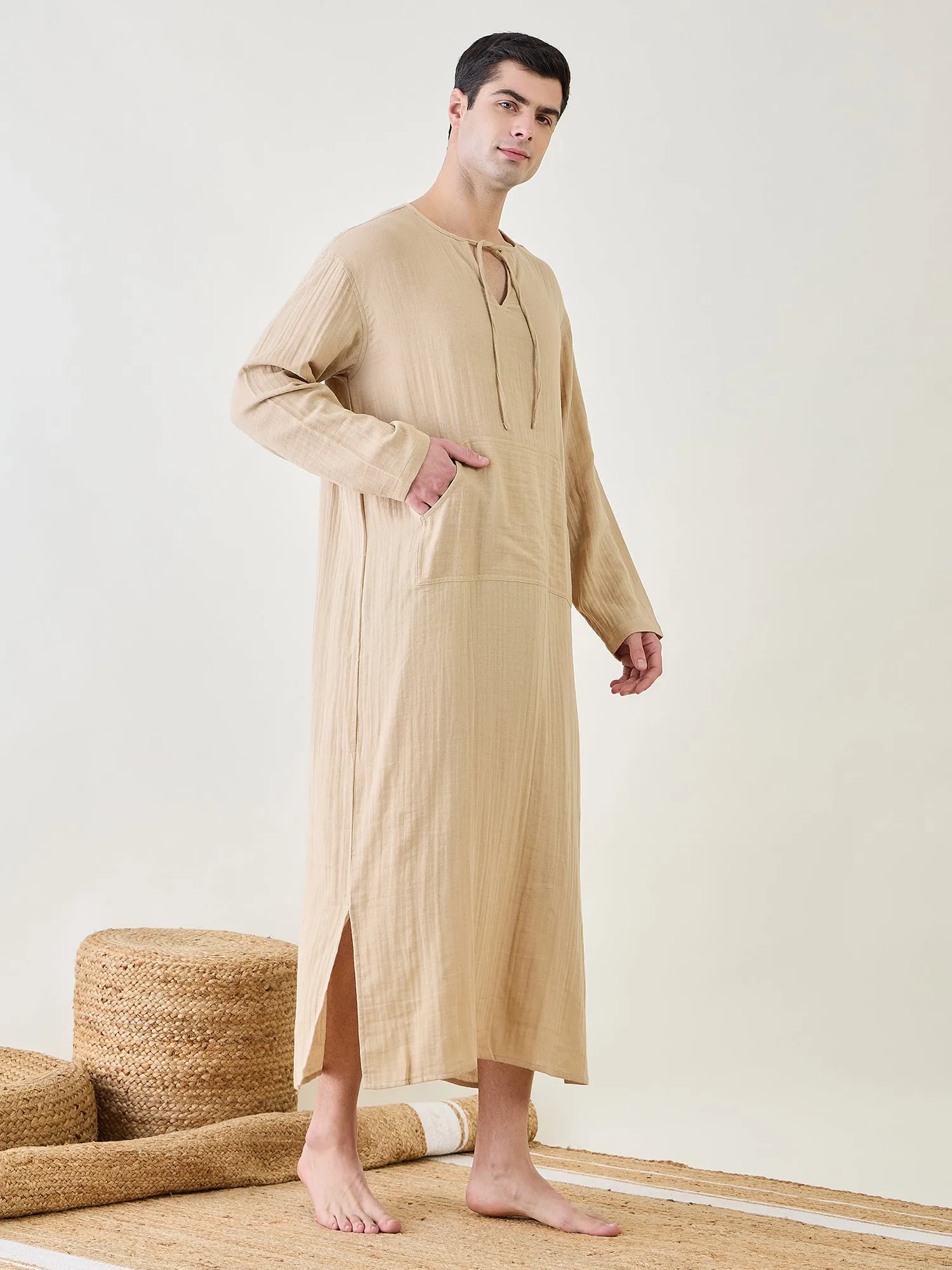 Mens Beige Cotton Kaftan Robe