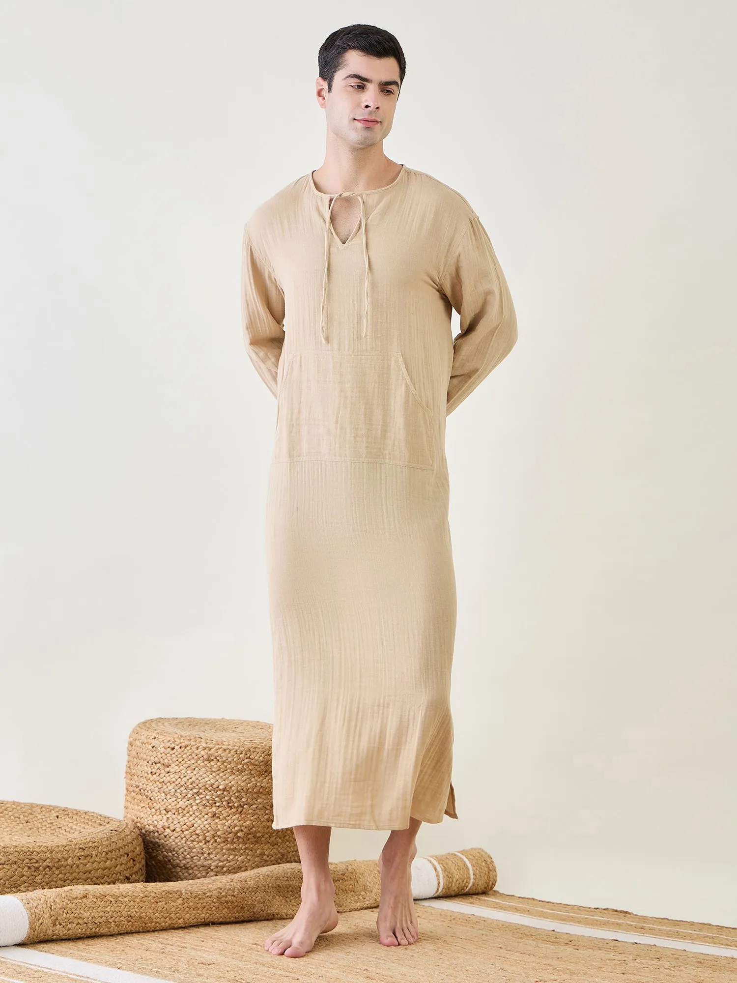 Mens Beige Cotton Kaftan Robe