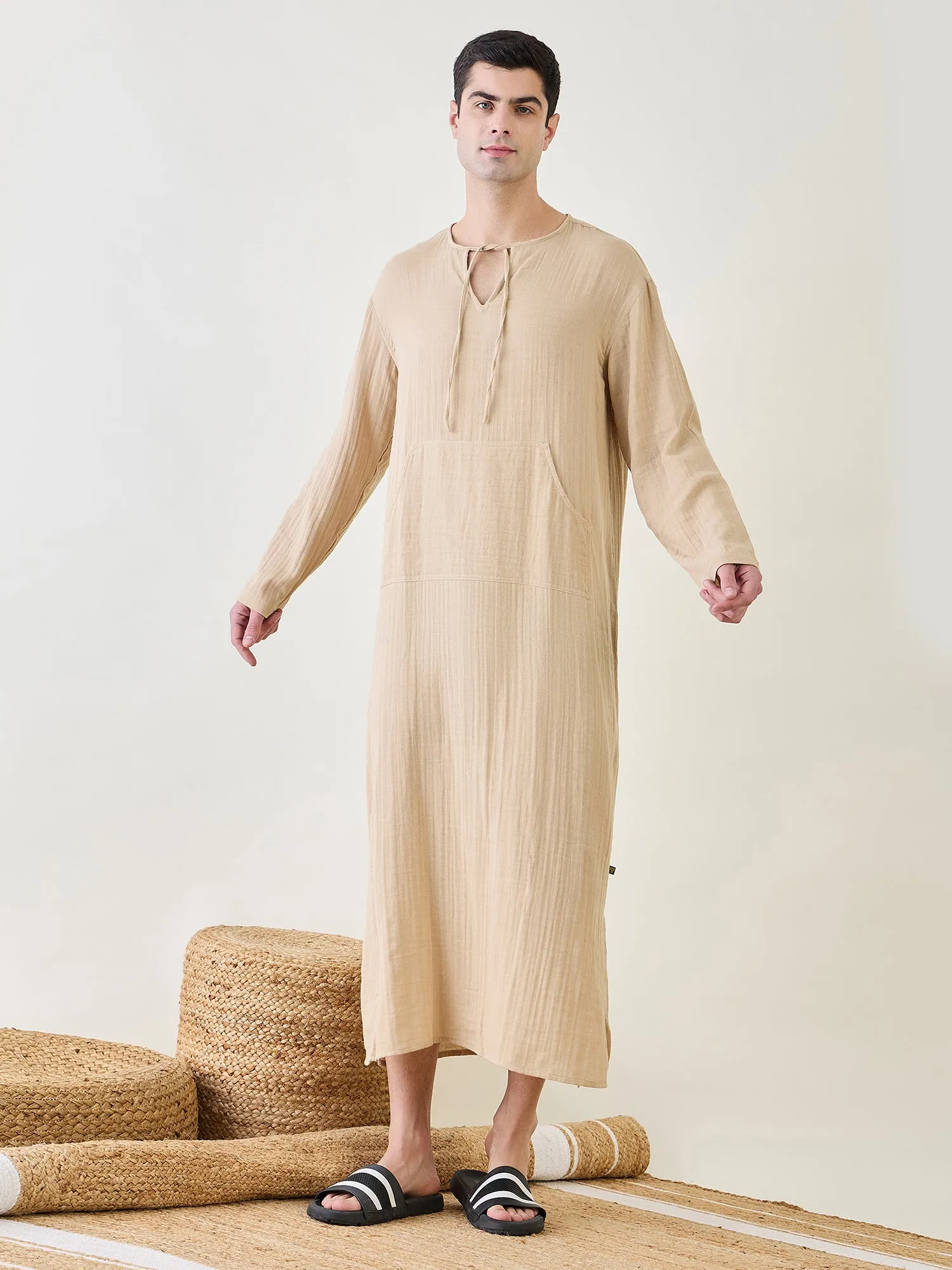 Mens Beige Cotton Kaftan Robe