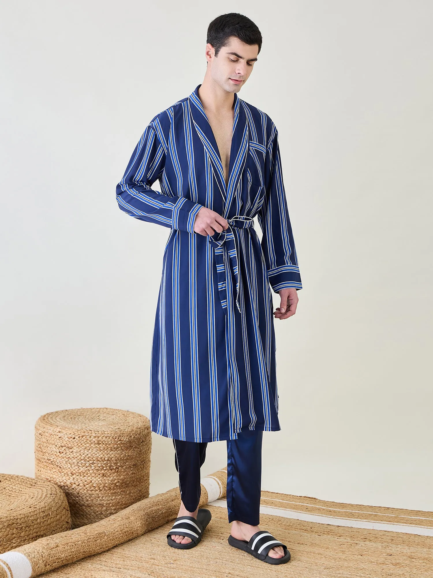 Mens Blue Striped Night Robe