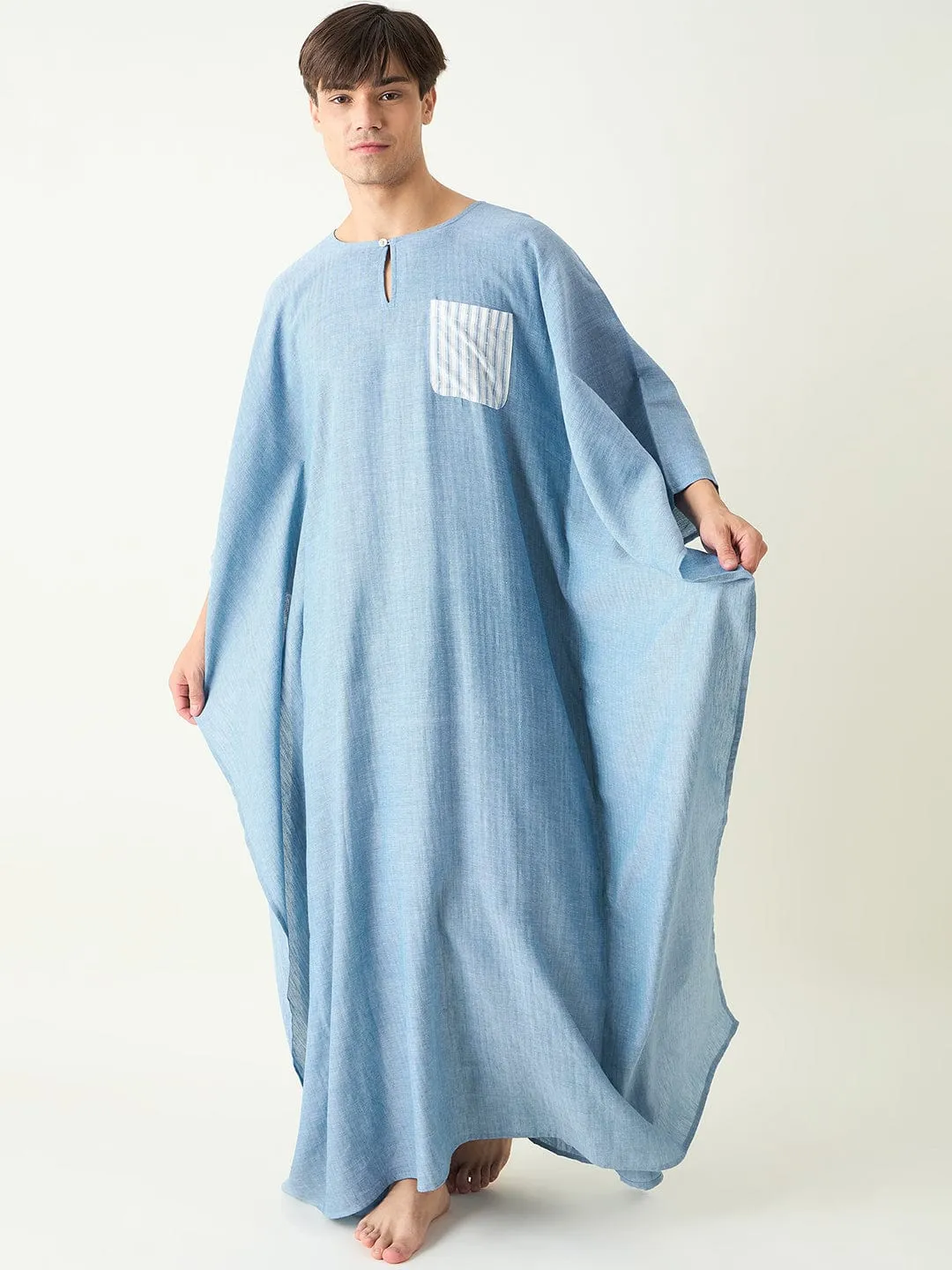 Mens Sky Blue Twill Loungewear Kaftan Gown