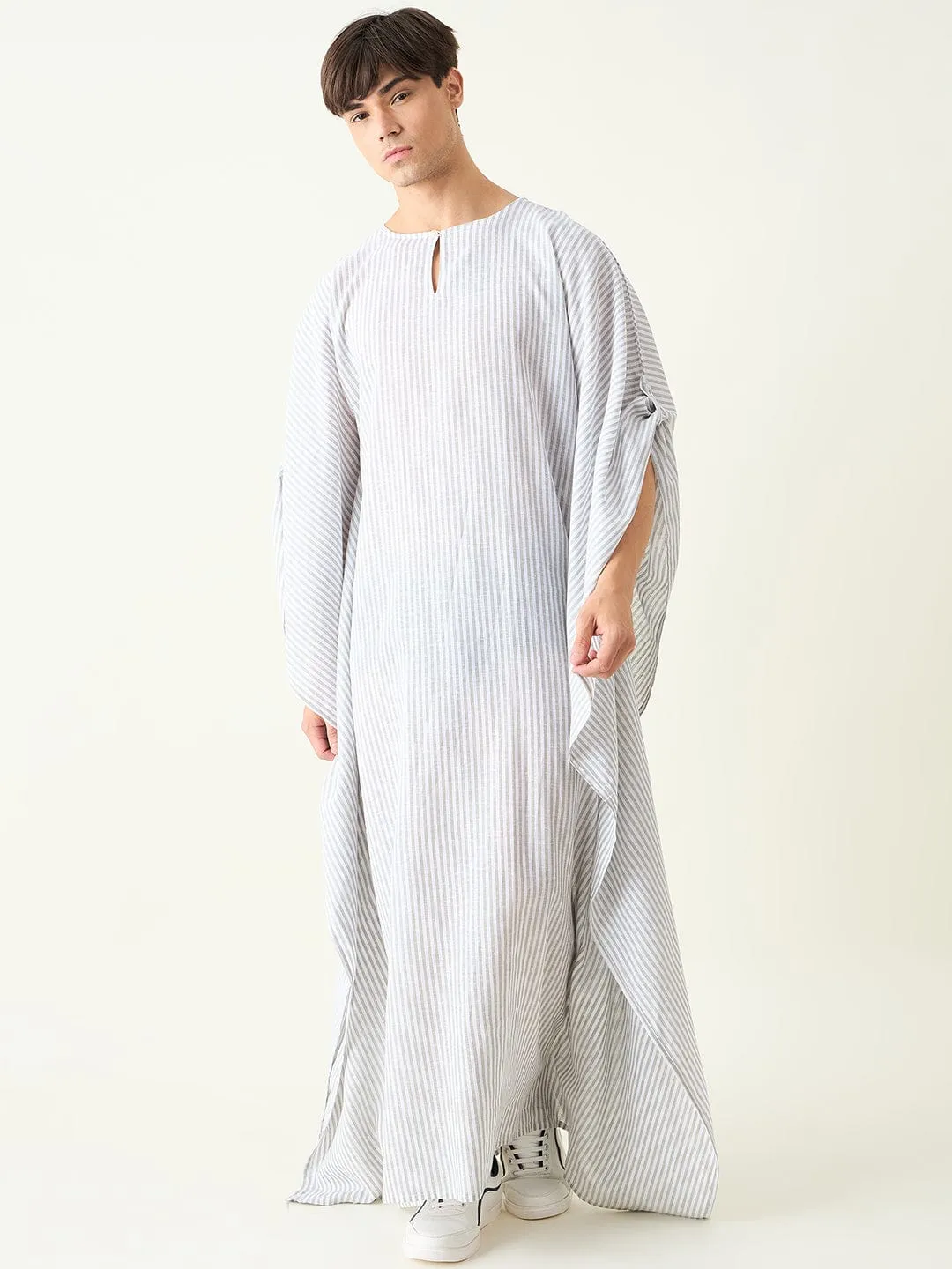 Mens White Striped Loungewear Kaftan Gown