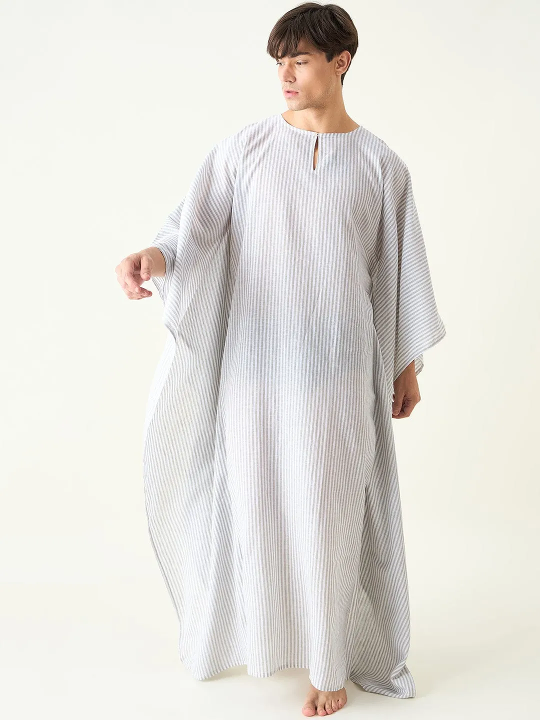 Mens White Striped Loungewear Kaftan Gown