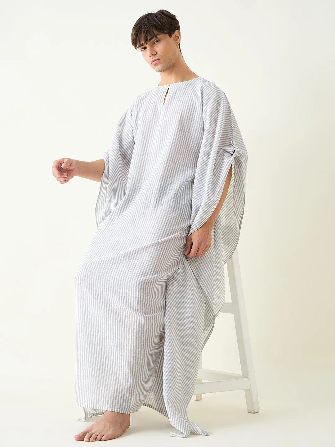 Mens White Striped Loungewear Kaftan Gown