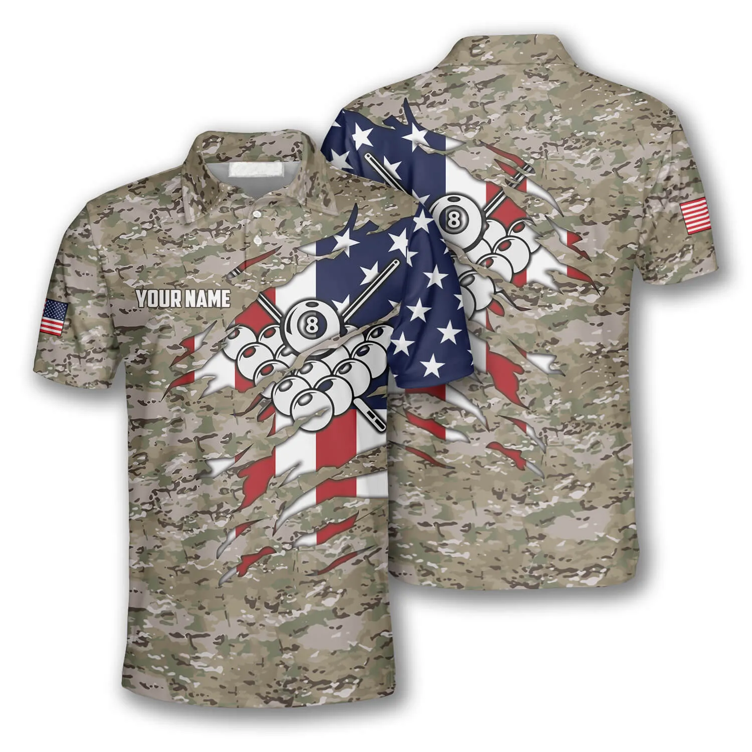 Personalized Billiard In My Heart Camouflage Flag Custom Billiard Shirts for Men, Billiard Uniform Shirt