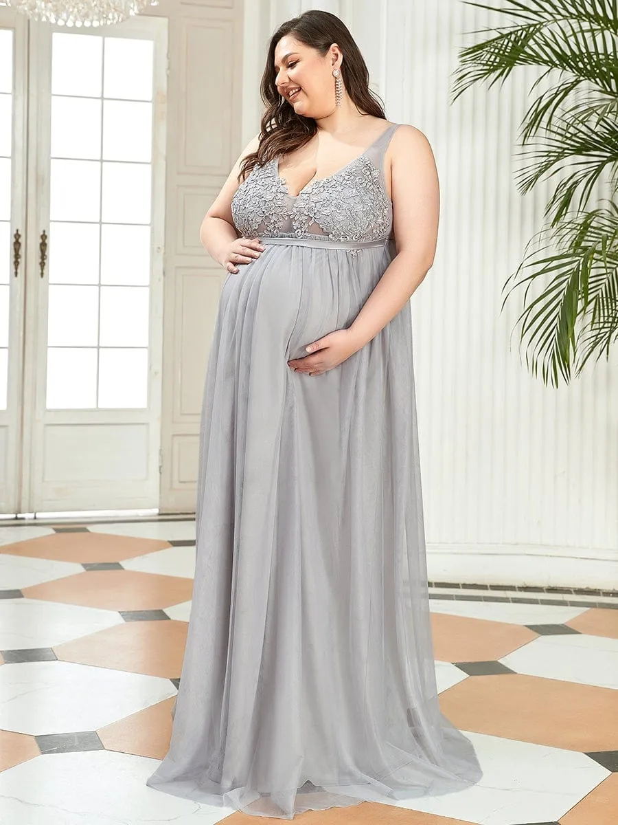 Plus Size Double V-Neck Lace Bodice Long Flowy Maternity Dress