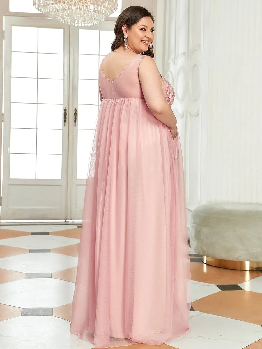 Plus Size Double V-Neck Lace Bodice Long Flowy Maternity Dress