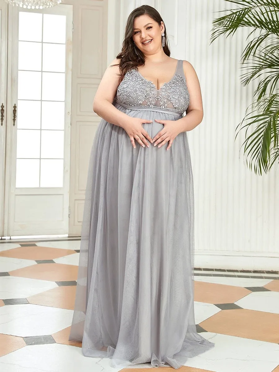 Plus Size Double V-Neck Lace Bodice Long Flowy Maternity Dress