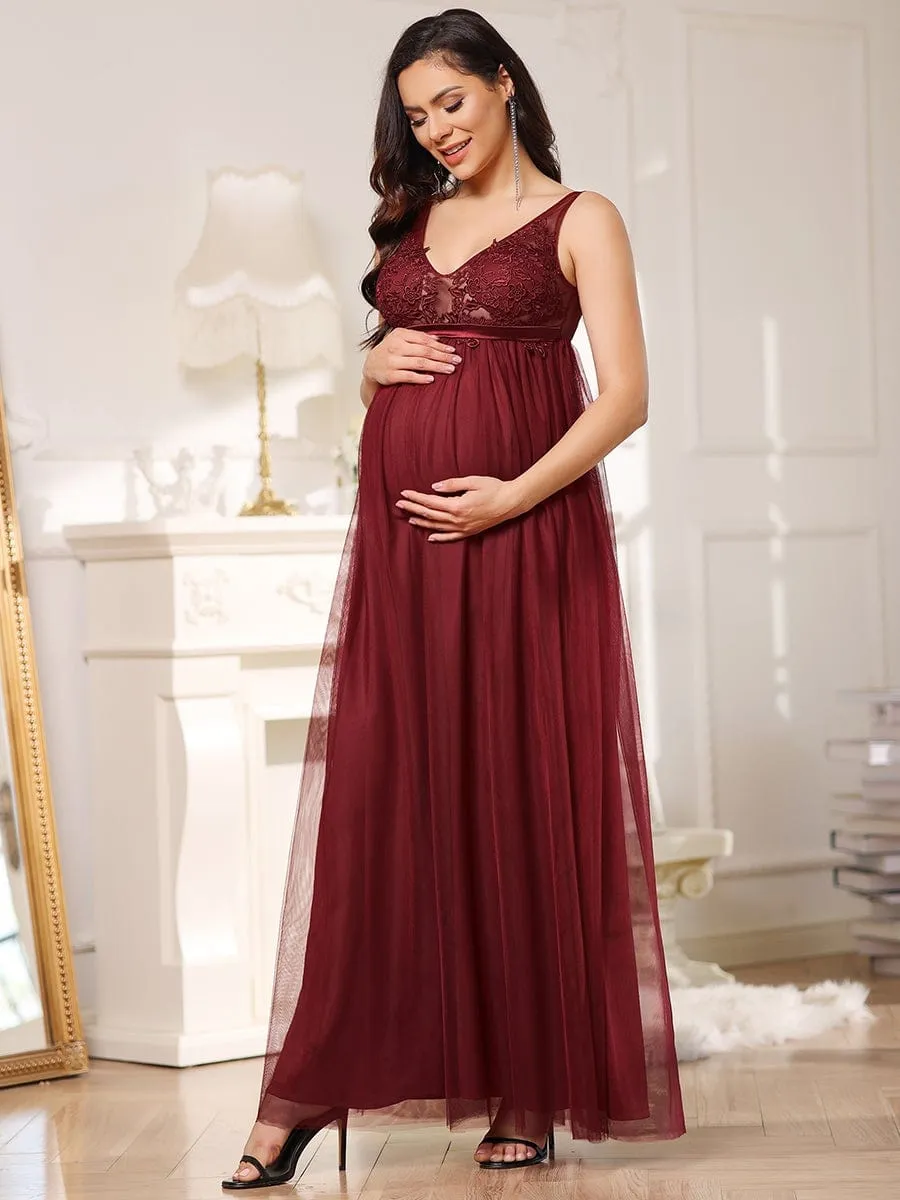 Plus Size Double V-Neck Lace Bodice Long Flowy Maternity Dress