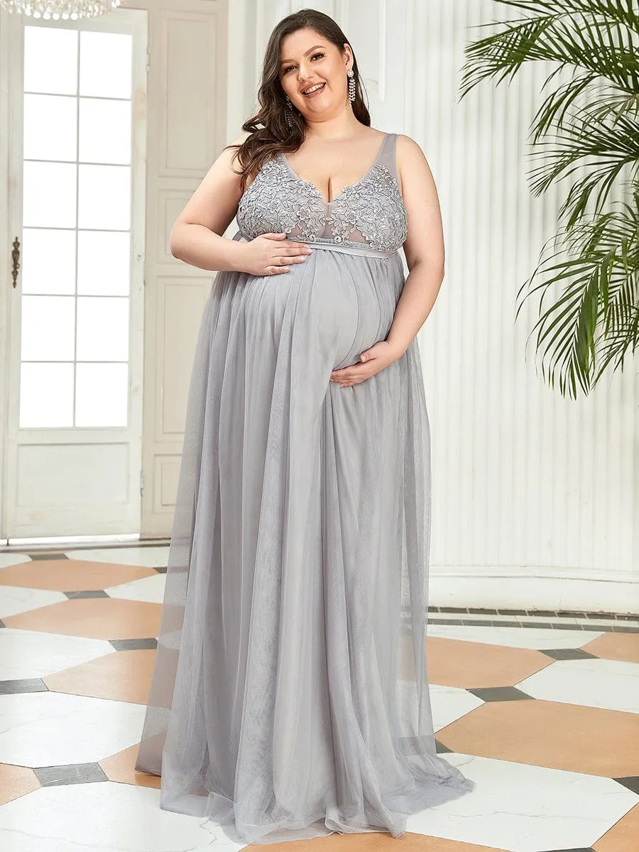 Plus Size Double V-Neck Lace Bodice Long Flowy Maternity Dress