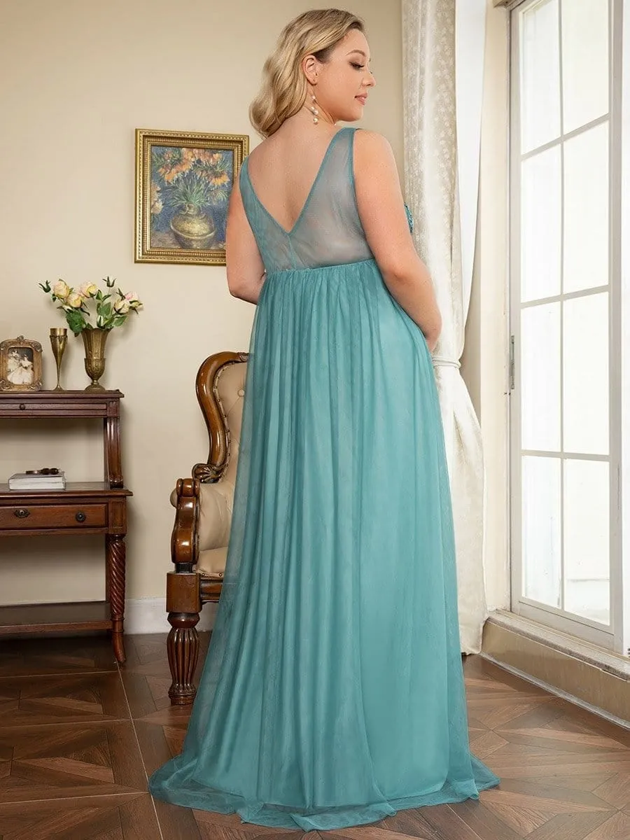 Plus Size Double V-Neck Lace Bodice Long Flowy Maternity Dress