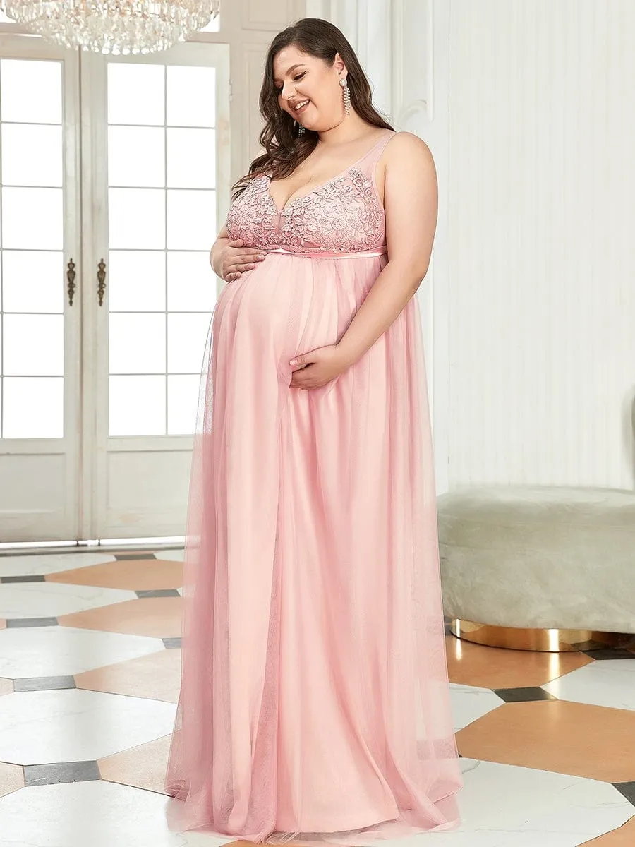 Plus Size Double V-Neck Lace Bodice Long Flowy Maternity Dress