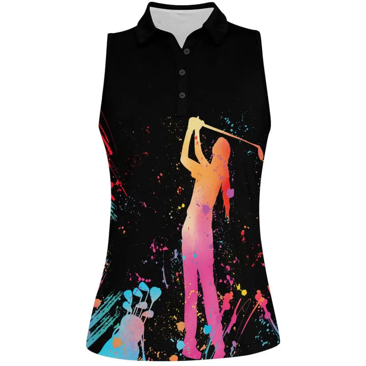 Queen of Clubs Golf Sleeveless Polo Shirt, Ink Splash Multicolor Shirt, Gift for Her