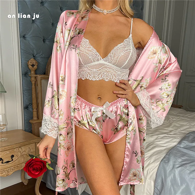 Sajiero Lily Floral Printed Silk 3pcs Nightgown set