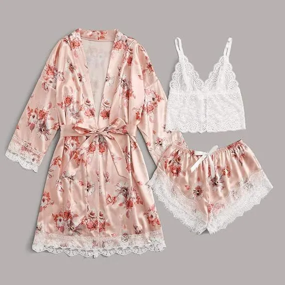 Sajiero Lily Floral Printed Silk 3pcs Nightgown set