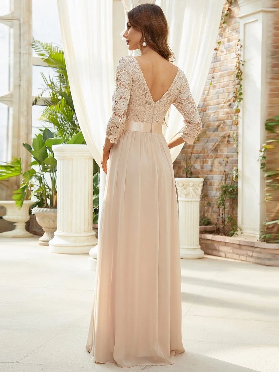 See-Through Floor Length Lace Chiffon Evening Dress with Half Sleeve