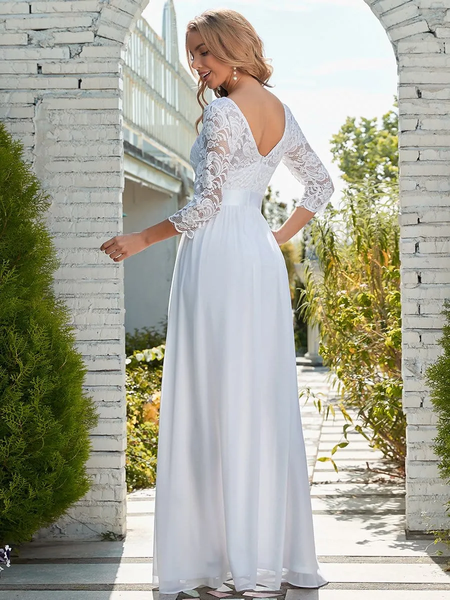 See-Through Floor Length Lace Chiffon Evening Dress with Half Sleeve