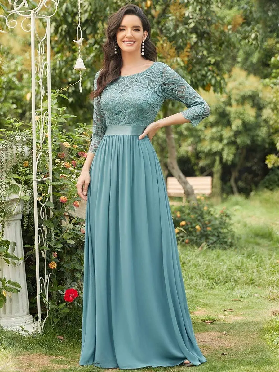 See-Through Floor Length Lace Chiffon Evening Dress with Half Sleeve