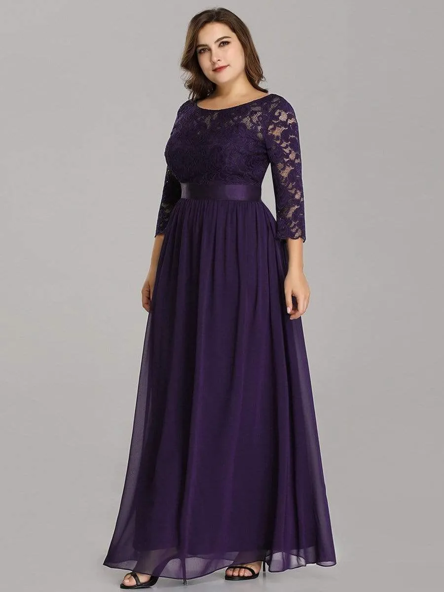 See-Through Floor Length Lace Chiffon Evening Dress with Half Sleeve