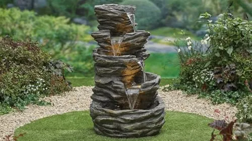 SEPBORN 5 Tier Rock-Inspired Cascading Water Fountain, 100 cm Height, Yard Art Decoration Gift Gifting with Light and Water Pump