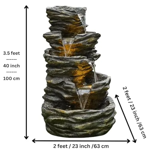 SEPBORN 5 Tier Rock-Inspired Cascading Water Fountain, 100 cm Height, Yard Art Decoration Gift Gifting with Light and Water Pump