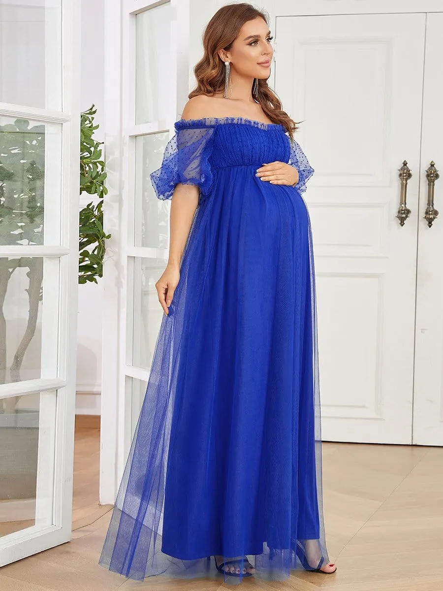 Short Balloon Sleeve Sheer Polka Dot A-Line Maternity Dress