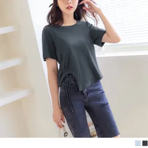 SHORT SLEEVE DRAWSTRING IRREGULAR HEM TOPS