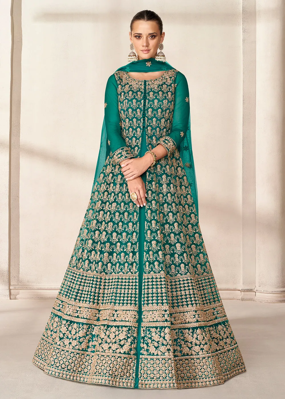 Slit Style Teal Green Embordered Festive Party Anarkali