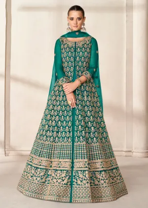 Slit Style Teal Green Embordered Festive Party Anarkali