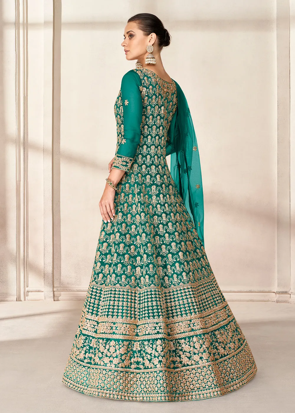 Slit Style Teal Green Embordered Festive Party Anarkali