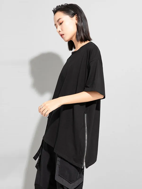 Stylish Loose Pocket Split-Joint Irregular Black T-Shirt