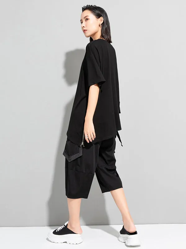 Stylish Loose Pocket Split-Joint Irregular Black T-Shirt