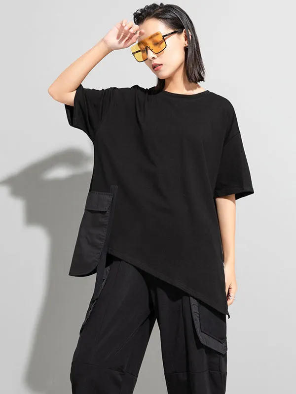 Stylish Loose Pocket Split-Joint Irregular Black T-Shirt