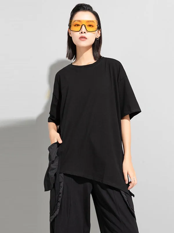 Stylish Loose Pocket Split-Joint Irregular Black T-Shirt