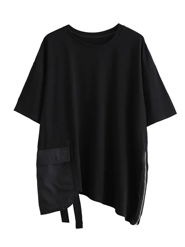 Stylish Loose Pocket Split-Joint Irregular Black T-Shirt