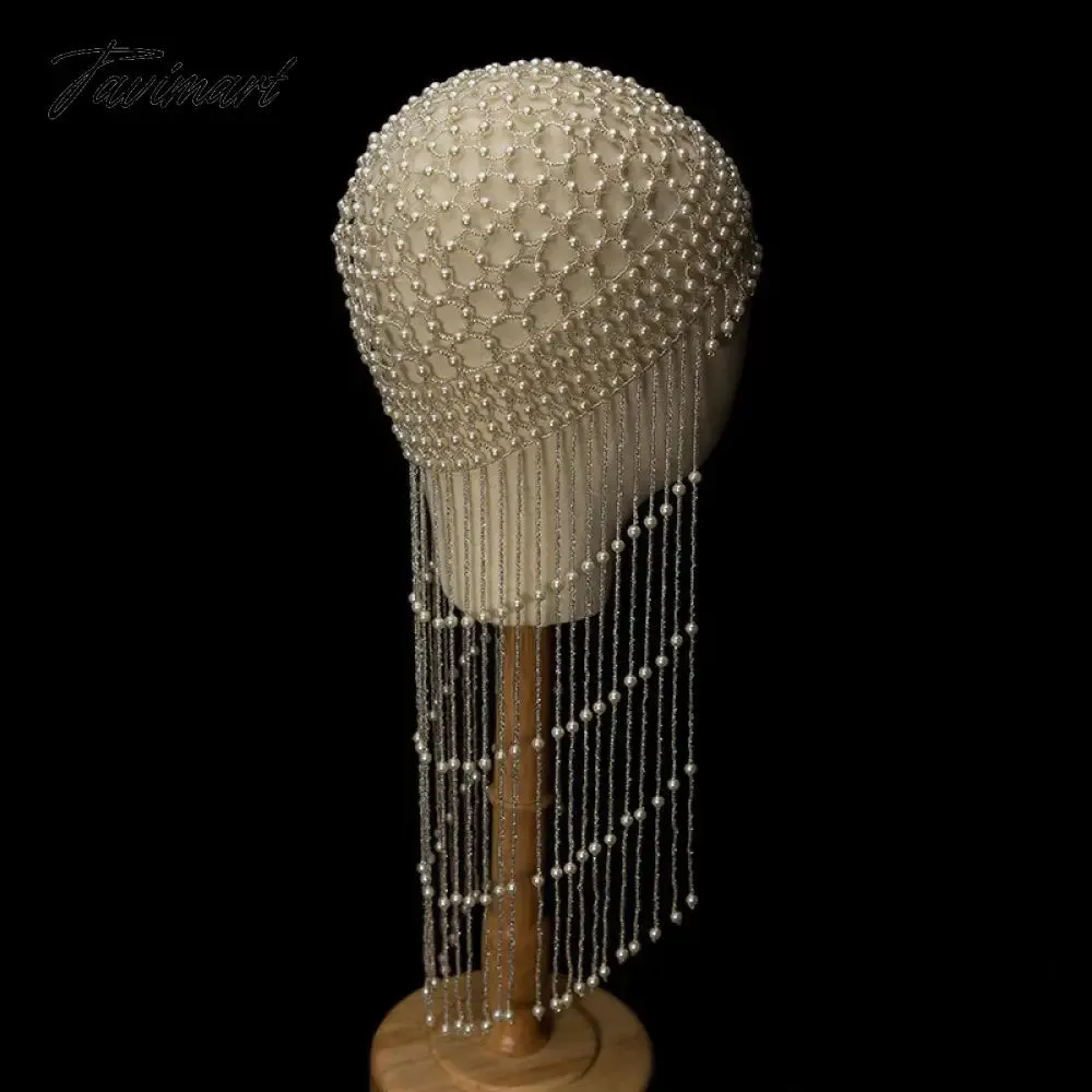 TAVIMART  -  Features vintage pure hand-beaded style hollowed-out pearl fringe hats for bridal weddings and stage performance headwear