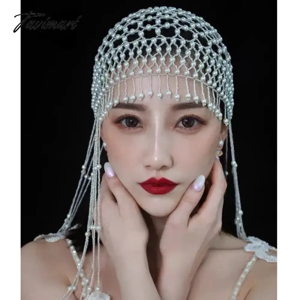 TAVIMART  -  Features vintage pure hand-beaded style hollowed-out pearl fringe hats for bridal weddings and stage performance headwear